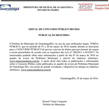 Divulgado o Edital para o concurso público de Guaratinga