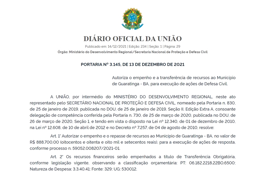 Governo Federal envia mais de R$ 800 mil para ações de Defesa Civil em Guaratinga