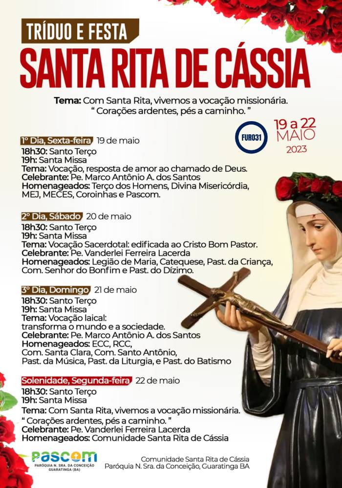 19 a 22/05/2023 – Tríduo e festa de Santa Rita de Cássia – Guaratinga – BA