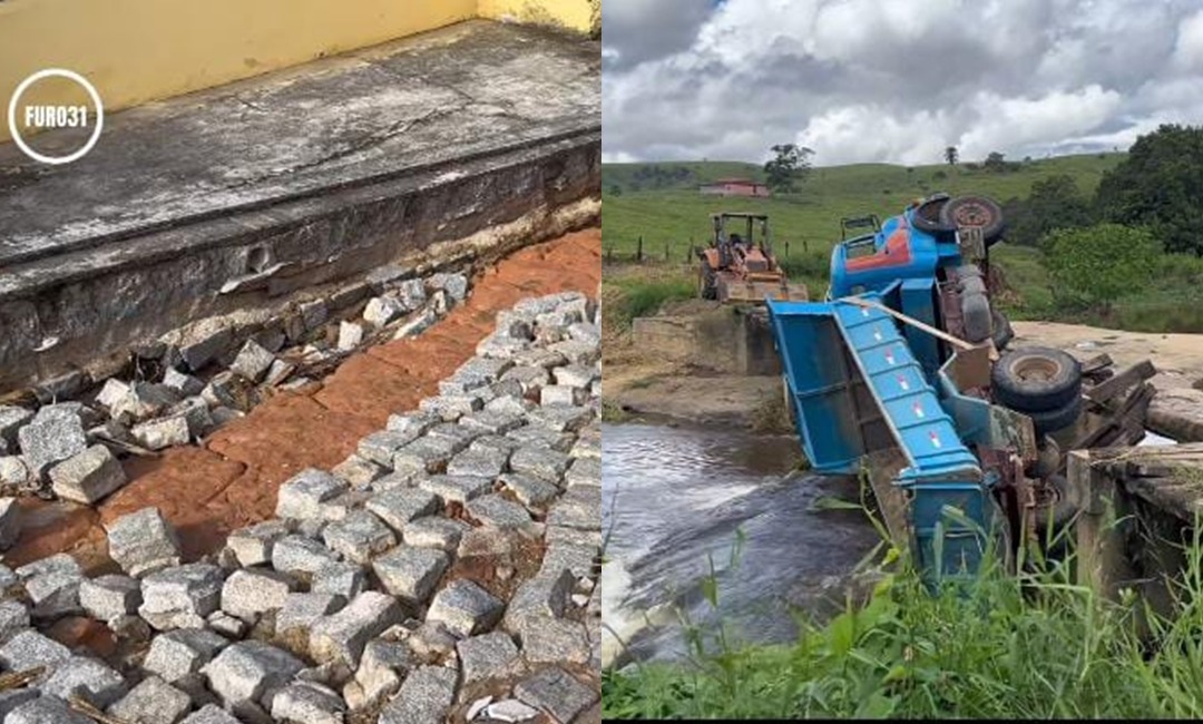 Caminhão cai em ponte de madeira, calçamento é levado pela chuva e moradores fazem vaquinha para consertar rua em Guaratinga